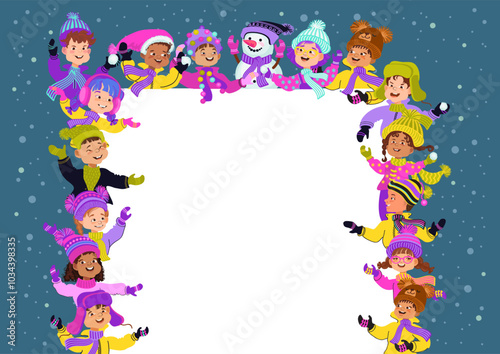 Happy children in bright winter clothes and a snowman. Greeting card or poster template. Cheerful cartoon kids and a place for your text. Vector flat illustration.