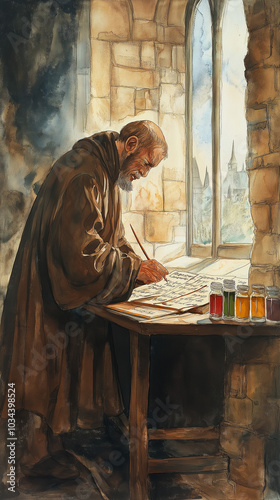 Monk writes by light of monastery window