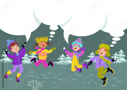 Cute children have fun on a walk in the park. Boys and girls in bright clothes. Greeting card template. Cheerful cartoon kids and a place for your text. Vector flat illustration.
