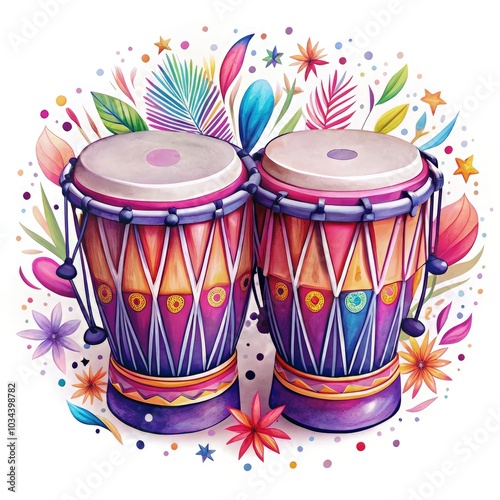 Vibrant bongo drums surrounded by colorful floral decorations in a lively setting. Generative AI