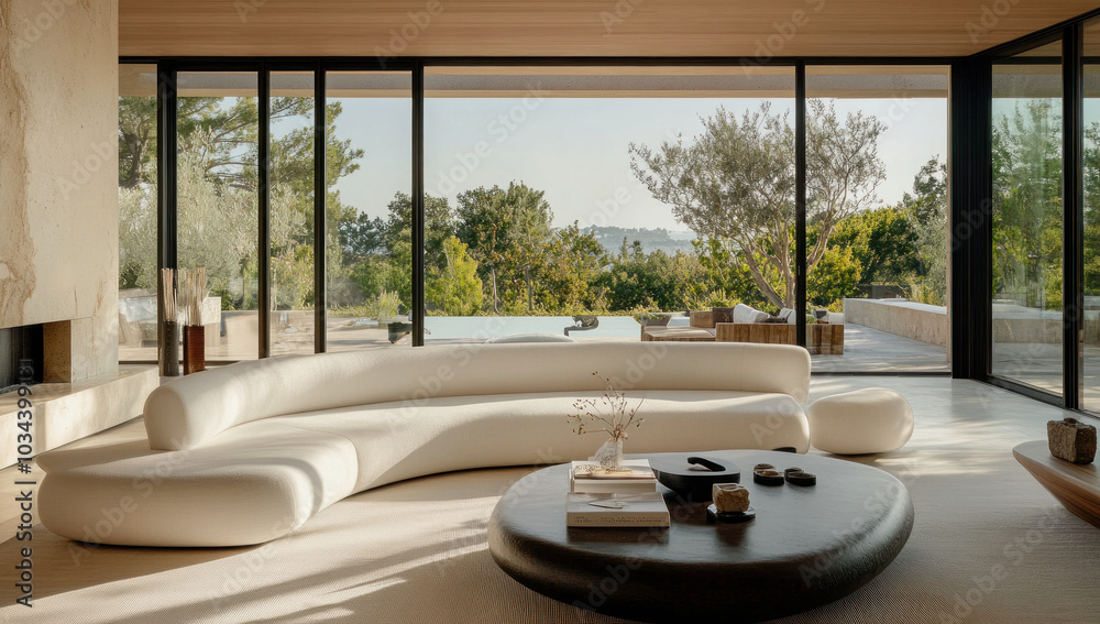 Fototapeta premium Modern living room interior featuring a curved sofa and panoramic views of nature in bright daylight