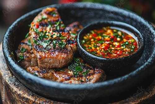 Grilled Meat with Cilantro and Chili Sauce in a Black Bowl photo