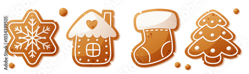 A large set of gingerbread cookies of different shapes. Snowflake, gingerbread house, sock, Christmas tree. Christmas gingerbread, New Year cookies decorated with white icing.