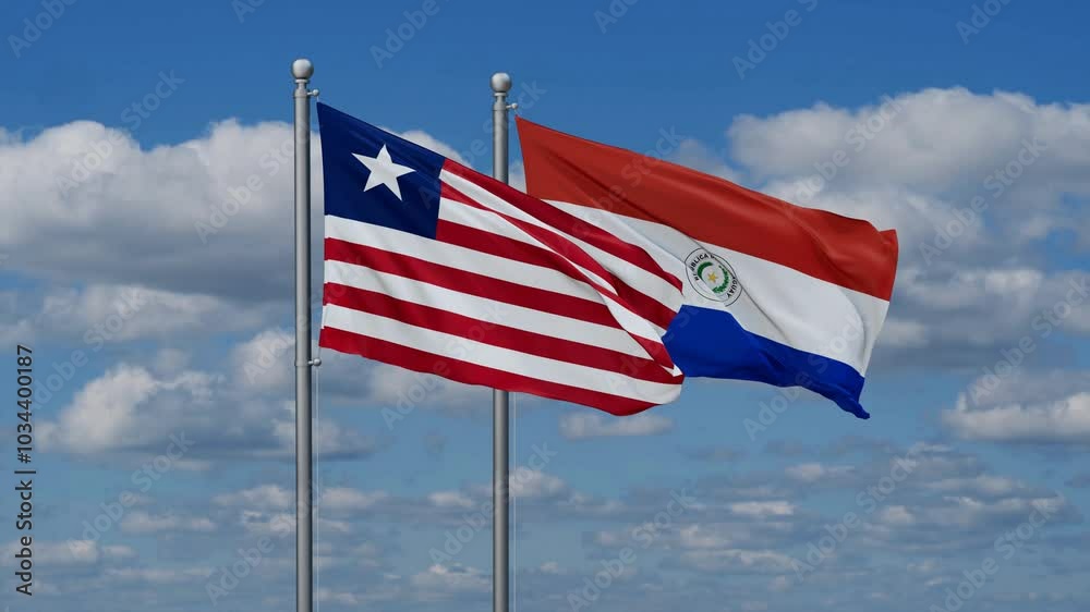Paraguay and Liberia flags flying together, video concept of the relationship, two country relations concept Paraguay and Liberia flags flying together, video concept of the relationship, two country relations concept