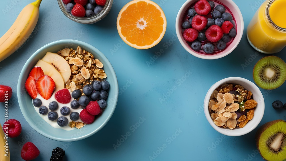 Healthy Fruit and Granola with Smoothies and Empty Space for Text Healthy Fruit and Granola with Smoothies and Empty Space for Text