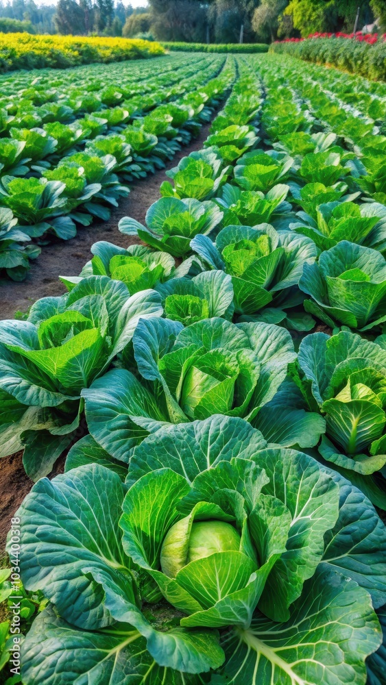 Lush green cabbage field flourishing near Standard Scale in Harak. Generative AI Lush green cabbage field flourishing near Standard Scale in Harak. Generative AI