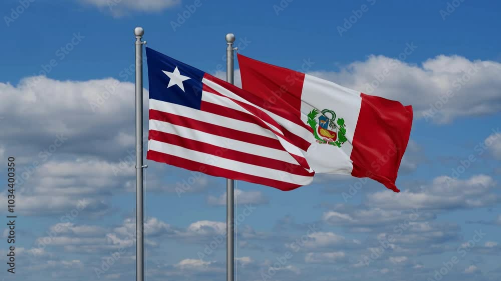 Peru and Liberia flags flying together, video concept of the relationship, two country cooperation concept Peru and Liberia flags flying together, video concept of the relationship, two country cooperation concept