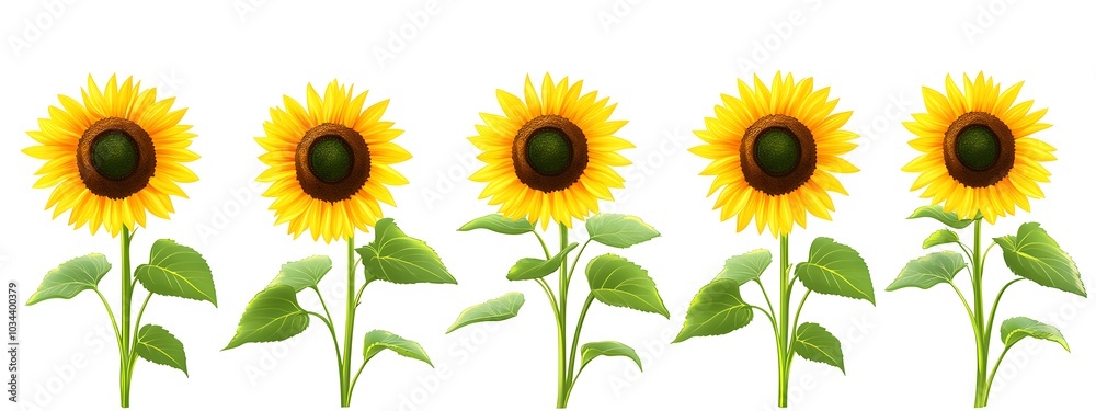 Flat vector illustration of sunflowers growing in rows, against a white background, in a simple and clean style, with bright colors Flat vector illustration of sunflowers growing in rows, against a white background, in a simple and clean style, with bright colors