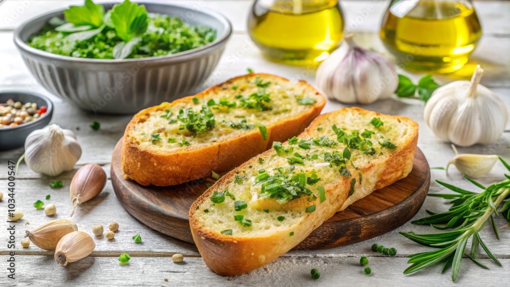 Delicious Garlic Bread on Wooden Plate with Herbs Delicious Garlic Bread on Wooden Plate with Herbs