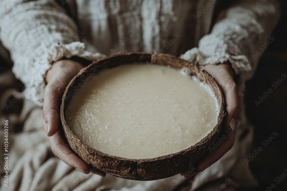 Person Holding a Coconut Shell Filled with a Creamy Substance Person Holding a Coconut Shell Filled with a Creamy Substance