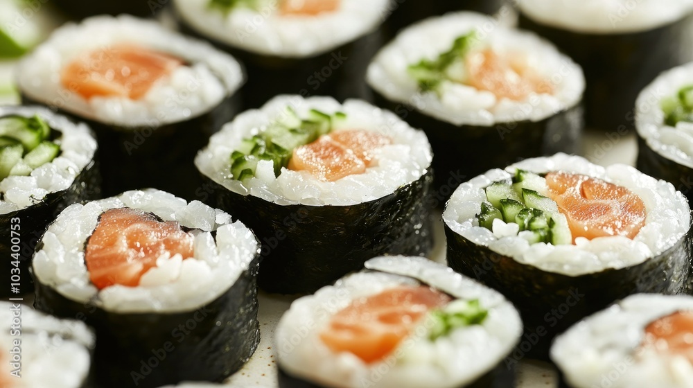 Close-up of Salmon and Cucumber Sushi Rolls Close-up of Salmon and Cucumber Sushi Rolls
