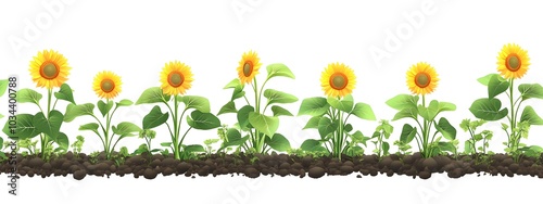 Flat vector illustration of sunflowers growing in rows, against a white background, in a simple and clean style, with bright colors