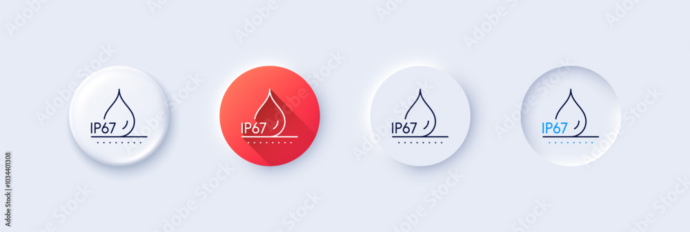 Waterproof line icon. Neumorphic, Red gradient, 3d pin buttons. Water resistant ip67 sign. Drop protection symbol. Line icons. Neumorphic buttons with outline signs. Vector Waterproof line icon. Neumorphic, Red gradient, 3d pin buttons. Water resistant ip67 sign. Drop protection symbol. Line icons. Neumorphic buttons with outline signs. Vector
