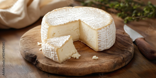 Rustic artisan brie cheese on wooden board with knife in natural light