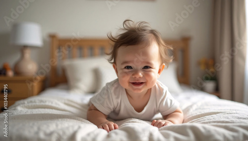 Cute baby smiling broadly at the camera as it wakes up in a comfortable bedroom 