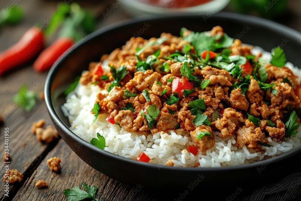 Close-up of a Bowl of Rice with Ground Meat, Parsley, and Red Peppers Close-up of a Bowl of Rice with Ground Meat, Parsley, and Red Peppers