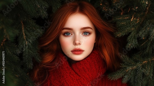 The young woman with captivating blue eyes gazes at the viewer, framed by green pine branches and wearing a deep red sweater in a serene winter setting