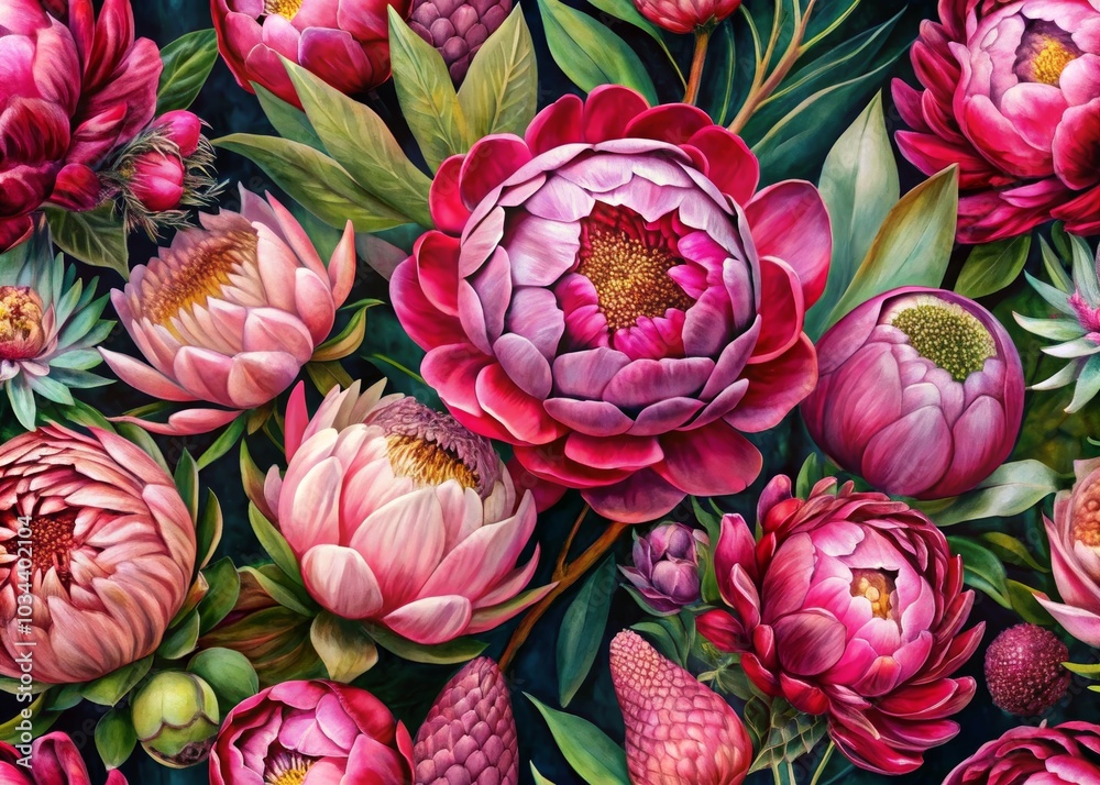 Beautiful Pattern of Pink Peony and Protea Flowers Beautiful Pattern of Pink Peony and Protea Flowers