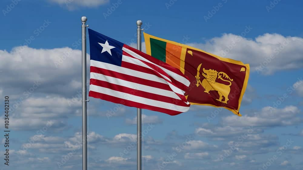 Sri Lanka and Liberia flags flying together, video concept of the relationship, two country cooperation concept Sri Lanka and Liberia flags flying together, video concept of the relationship, two country cooperation concept