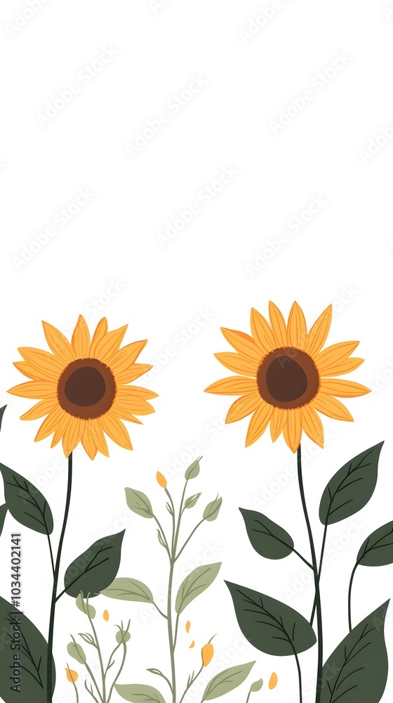 Obraz premium Flat vector illustration of sunflowers growing in rows, against a white background, in a simple and clean style, with bright colors