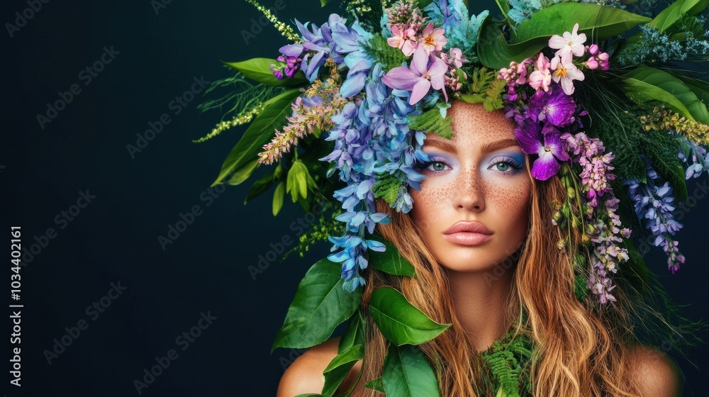 A woman with striking features displays an elaborate floral crown made of colorful blossoms and lush foliage A woman with striking features displays an elaborate floral crown made of colorful blossoms and lush foliage