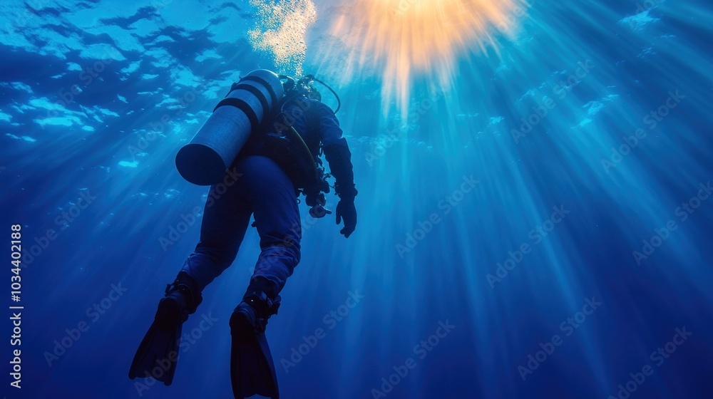 Fototapeta premium A diver submerged in clear blue waters ascends toward the surface where sunlight penetrates, creating a serene and tranquil underwater environment