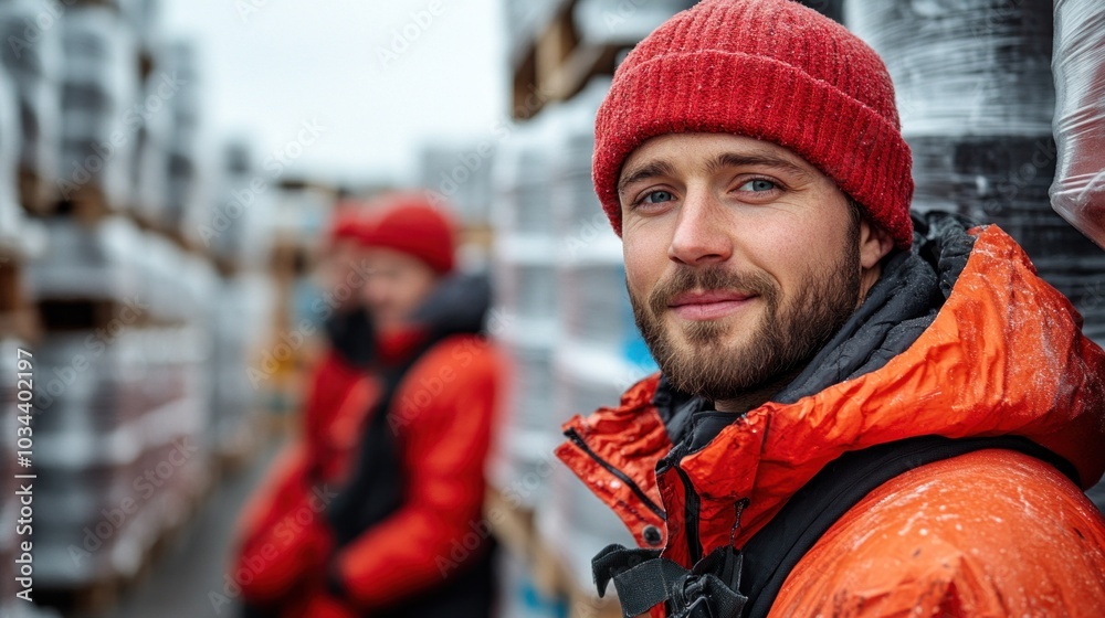 A warehouse worker wearing a bright orange jacket and a red beanie smiles while leaning against pallets. Behind him, another worker is preparing for their tasks among stacked goods A warehouse worker wearing a bright orange jacket and a red beanie smiles while leaning against pallets. Behind him, another worker is preparing for their tasks among stacked goods