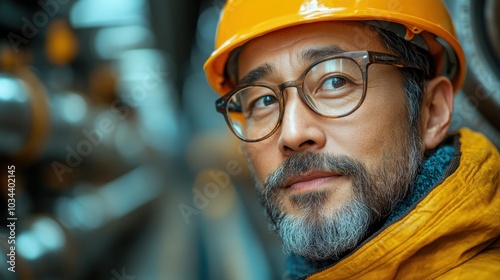 With a thoughtful expression, a skilled worker in an orange hard hat and glasses stands amid machinery, emphasizing safety and expertise in an industrial environment