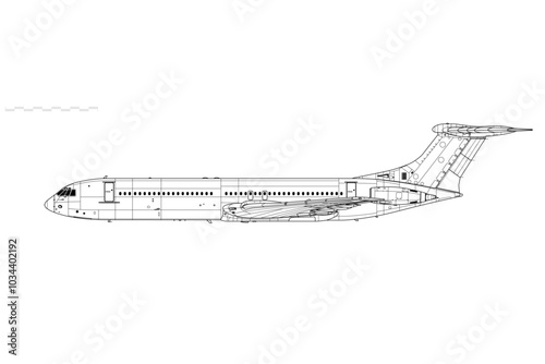 Vickers Super VC10 Type 1150. Vector drawing of long range jet aircraft. Side view. Image for illustration and infographics.