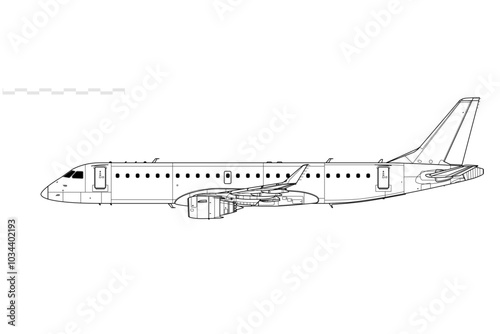 Embraer E-190. Vector drawing of regional airliner. Side view. Image for illustration and infographics.