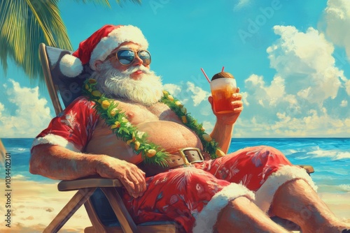 Illustration Of Santa Claus Chilling At The Beach Drinking a Cocktail,, Santa In Vacation, Sunny Beach Background, Christmas Concept Background