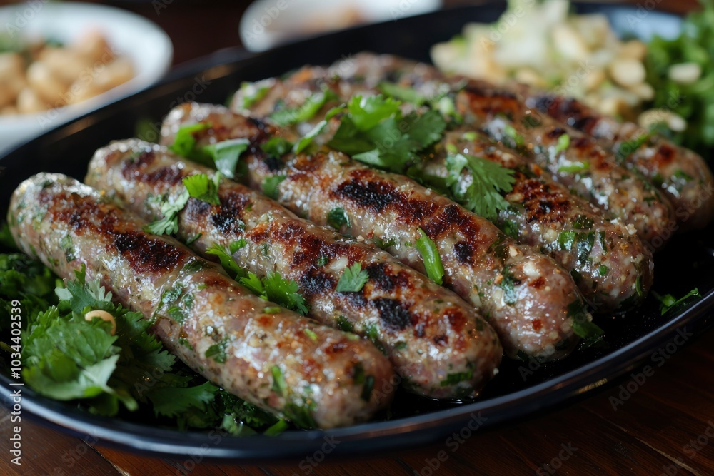 Grilled Sausages with Cilantro on a Black Plate Grilled Sausages with Cilantro on a Black Plate