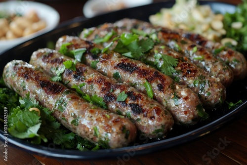 Grilled Sausages with Cilantro on a Black Plate