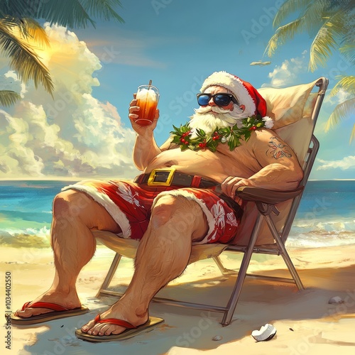 Illustration Of Santa Claus Chilling At The Beach Drinking a Cocktail,, Santa In Vacation, Sunny Beach Background, Christmas Concept Background