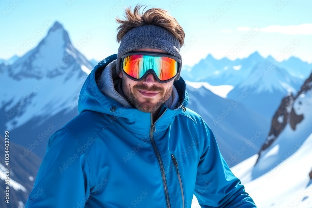 Man Snowboarder in Snowboarding Goggles and jacket standing in Snow-covered Mountains. Portrait of Happy Male Snowboarder, Winter Sports and Active Lifestyle Concept Man Snowboarder in Snowboarding Goggles and jacket standing in Snow-covered Mountains. Portrait of Happy Male Snowboarder, Winter Sports and Active Lifestyle Concept