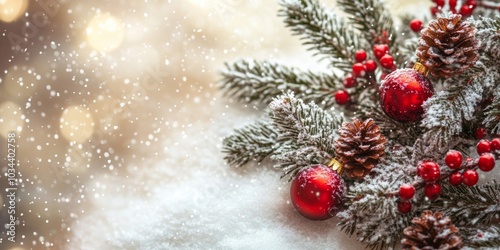 Christmas Winter Wallpaper With a Christmas Tree With Ornaments, Greeting Card Concept With Copy Space, Snowy Background
