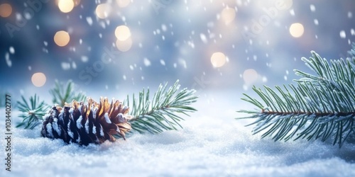 Christmas Winter Wallpaper With a Christmas Tree With Ornaments, Greeting Card Concept With Copy Space, Snowy Background