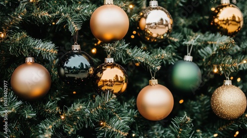 Colorful ornaments adorn a green Christmas tree, twinkling lights creating a warm atmosphere for a festive celebration during the holiday season