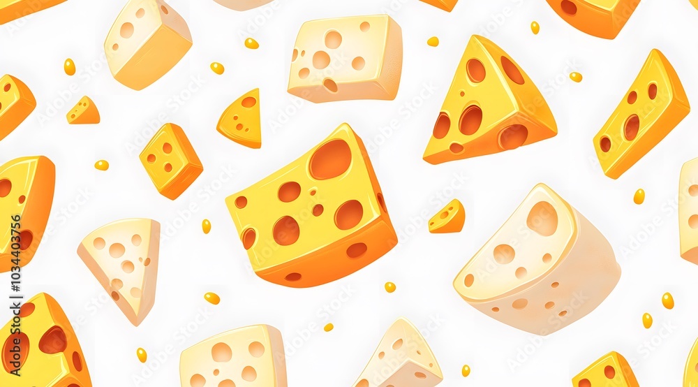 Scattered Cheese Pattern with Assorted Shapes on a Bright White Background Scattered Cheese Pattern with Assorted Shapes on a Bright White Background