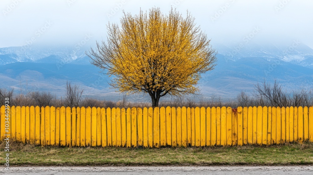 Fototapeta premium A solitary tree with bright yellow foliage rises behind a fence painted the same striking color, creating a picturesque autumn scene in a rural setting with distant mountains