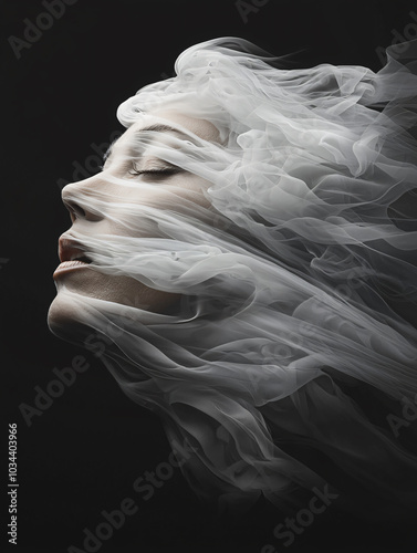 A stock image featuring a face partially obscured by white swirling smoke against a black background. The face appears calm with closed eyes, evoking a sense of mystery and ethereal beauty.