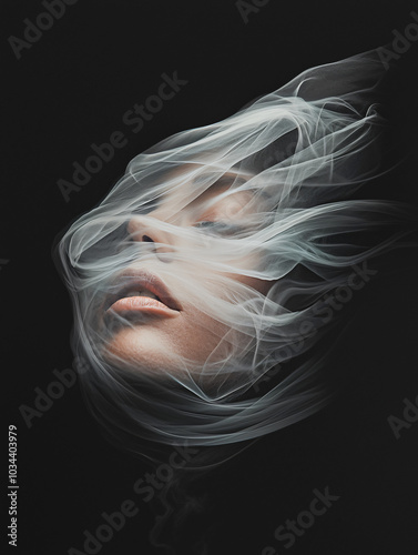 A stock image featuring a face partially obscured by white swirling smoke against a black background. The face appears calm with closed eyes, evoking a sense of mystery and ethereal beauty.