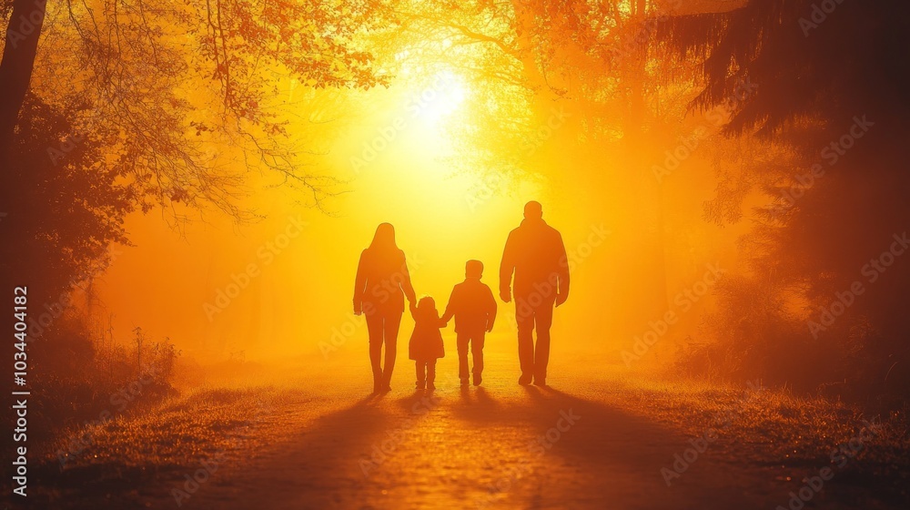 A family of four, consisting of two adults and two children, strolls peacefully along a forest path, illuminated by a warm sunset that envelops the scene in golden light A family of four, consisting of two adults and two children, strolls peacefully along a forest path, illuminated by a warm sunset that envelops the scene in golden light