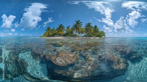 Tropical Island with Palm Trees and Underwater Coral Reef View