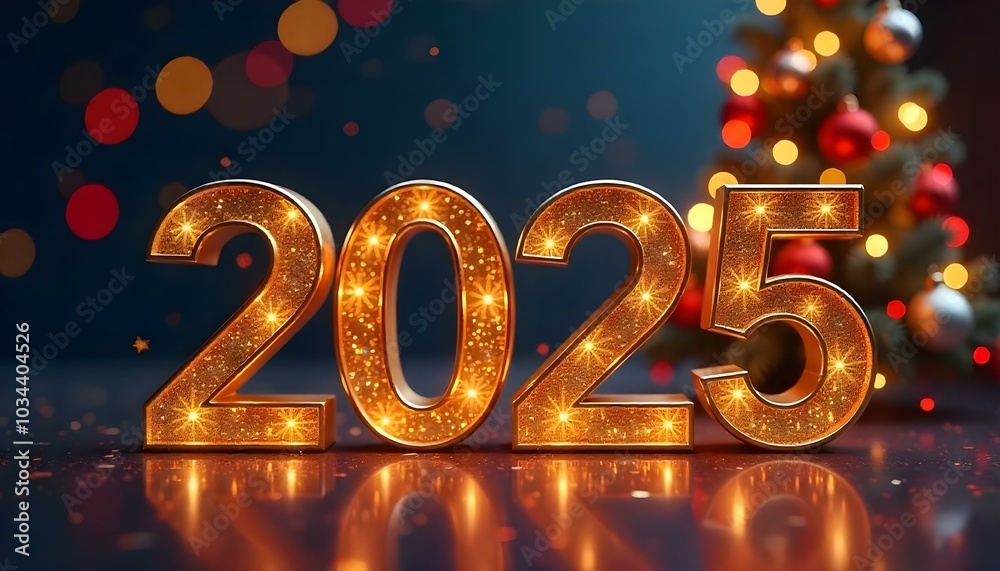 Golden serif glittery numbers 2025 on a dark green blue, contrasted by soft yellow lights, with a rustic-style Christmas tree adorned with handmade decorations and burlap ribbons. Golden serif glittery numbers 2025 on a dark green blue, contrasted by soft yellow lights, with a rustic-style Christmas tree adorned with handmade decorations and burlap ribbons.