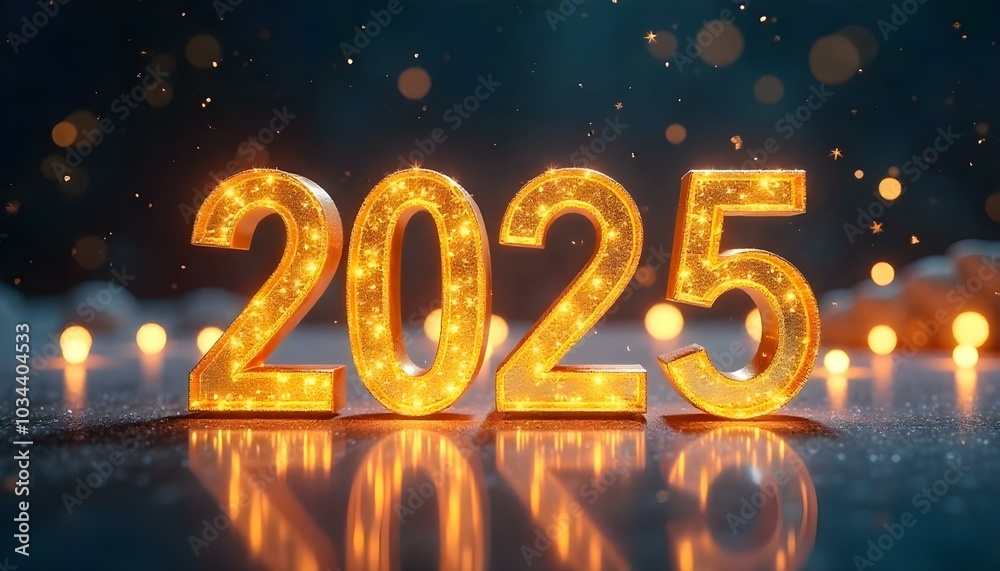 Golden serif glittery numbers 2025 on a dark green blue, contrasted by soft yellow lights, with a rustic-style Christmas tree adorned with handmade decorations and burlap ribbons. Golden serif glittery numbers 2025 on a dark green blue, contrasted by soft yellow lights, with a rustic-style Christmas tree adorned with handmade decorations and burlap ribbons.