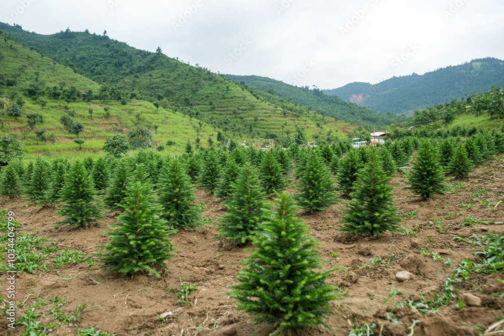Mountain tree farm on a cloudy day
