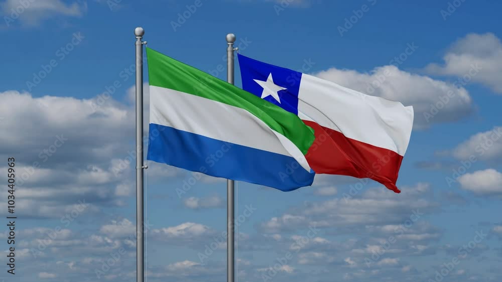 Chile and Sierra Leone flags flying together, video concept of the relationship, two country relations concept Chile and Sierra Leone flags flying together, video concept of the relationship, two country relations concept