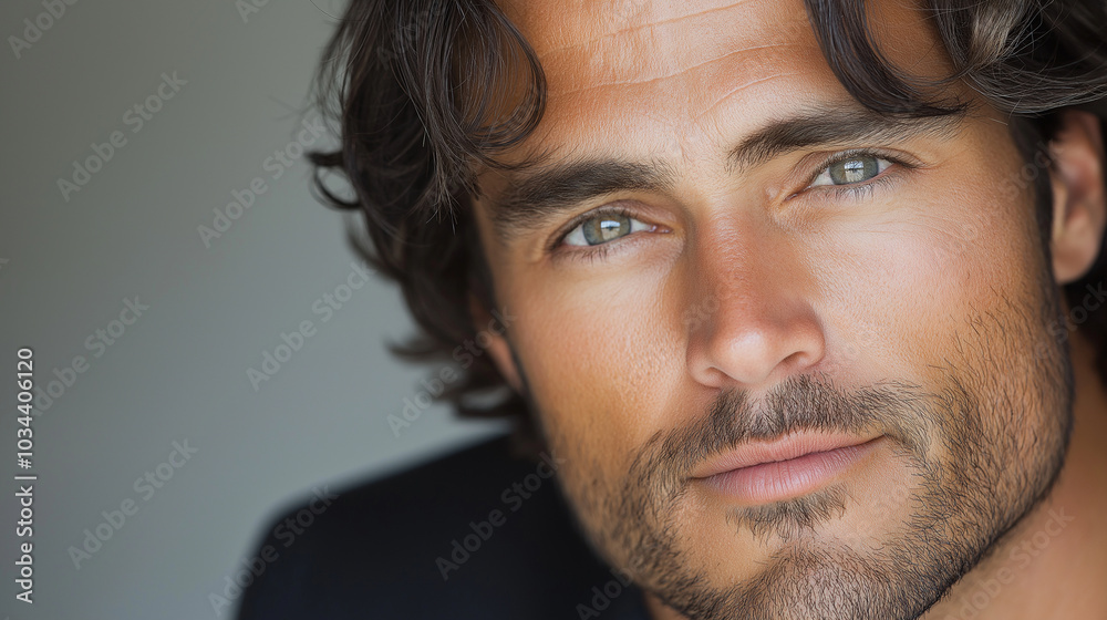 A close-up portrait of a handsome man in his thirties, with dark hair falling to his shoulders and soft, kind eyes. He is wearing a sophisticated suit, exuding both professionalism A close-up portrait of a handsome man in his thirties, with dark hair falling to his shoulders and soft, kind eyes. He is wearing a sophisticated suit, exuding both professionalism