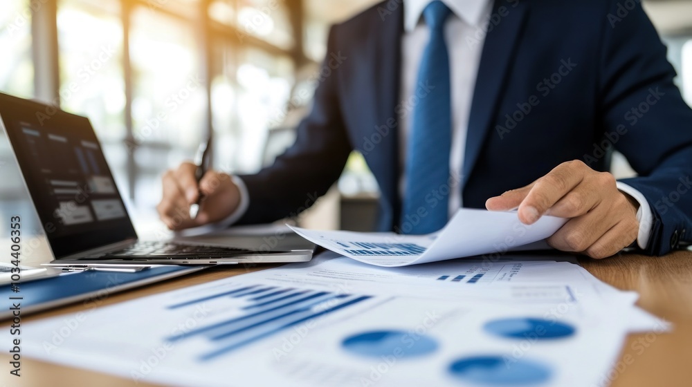 Businessman reviewing financial data with graphs and charts. Businessman reviewing financial data with graphs and charts.